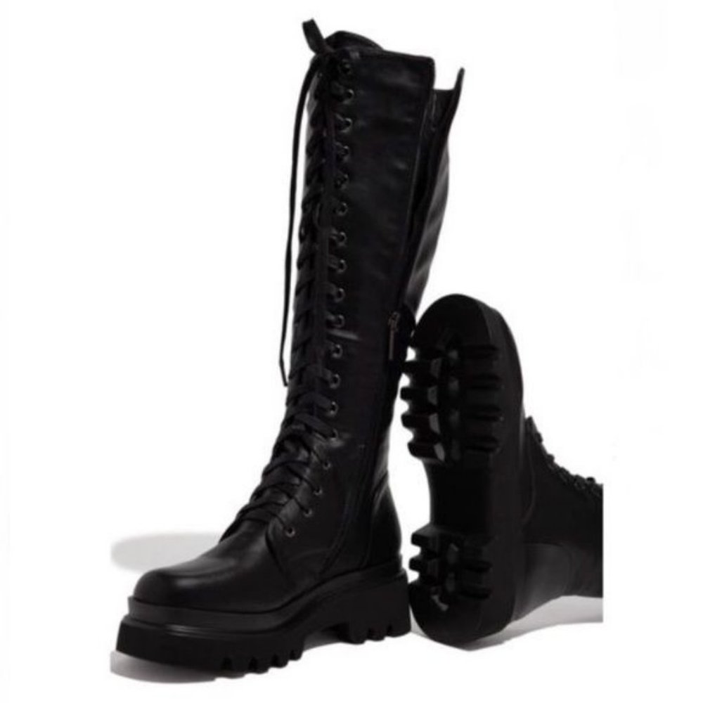 !! NEW !! Knee High Lack Up Combat Boots with Side Zip in Black - Picture 2 of 7